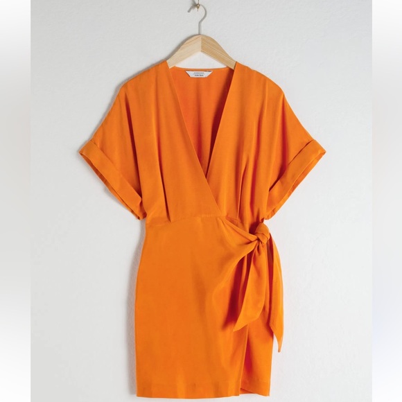 & Other Stories Cupro Wrap Mini Dress in Orange - Size 6 - Picture 2 of 7
